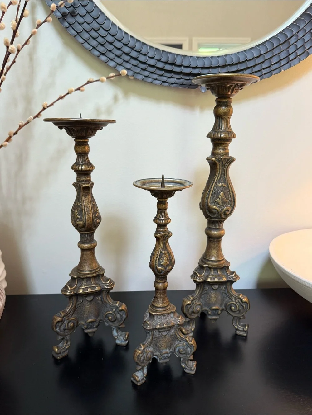Antique Baroque Brass Alter Candle Holders - Set of 3